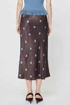POLKA DOT ELASTICIZED WAIST MIDI SKIRT--BROWN/BLUE