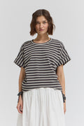 STRIPE SIDE DRAWSTRING TEE--STEEL