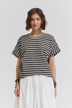 STRIPE SIDE DRAWSTRING TEE--STEEL