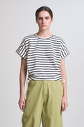 STRIPED SIDE SCRUNCH TEE--BLACK/CREAM