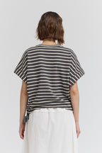 STRIPE SIDE DRAWSTRING TEE--STEEL