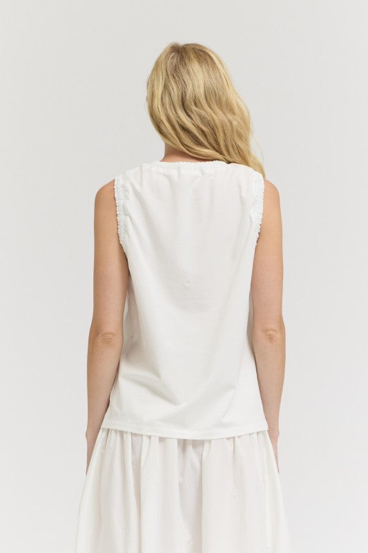 RUFFLE DETAIL SLEEVELESS TOP--WHITE