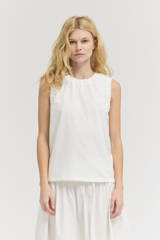 RUFFLE DETAIL SLEEVELESS TOP--WHITE