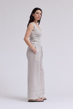 STRIPED DRAWSTRING ELASTIC WAISTBAND PANTS--NATURAL