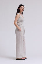 STRIPED DRAWSTRING ELASTIC WAISTBAND PANTS--NATURAL