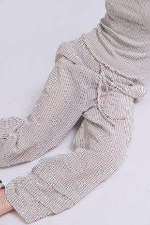 STRIPED DRAWSTRING ELASTIC WAISTBAND PANTS--NATURAL