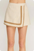 WHIPSTITCH CROCHET EMBROIDERY LINEN SKORT--OATMEAL/TAUPE
