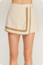 WHIPSTITCH CROCHET EMBROIDERY LINEN SKORT--OATMEAL/TAUPE