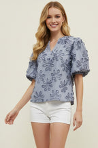 FLORAL STRIPED EMBROIDERED TOP--BLUE