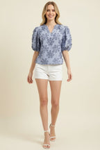 FLORAL STRIPED EMBROIDERED TOP--BLUE