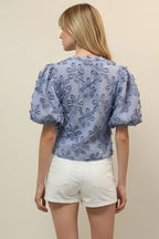 FLORAL STRIPED EMBROIDERED TOP--BLUE