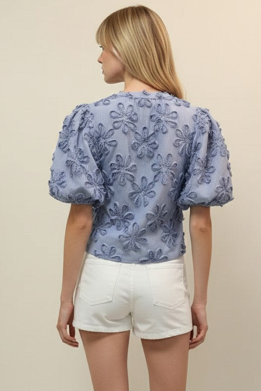 FLORAL STRIPED EMBROIDERED TOP--BLUE