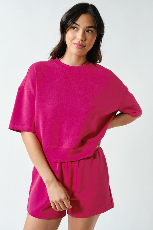 MONO B LAGUNA SCUBA SHORT SLEEVE TOP--PLUM PINK
