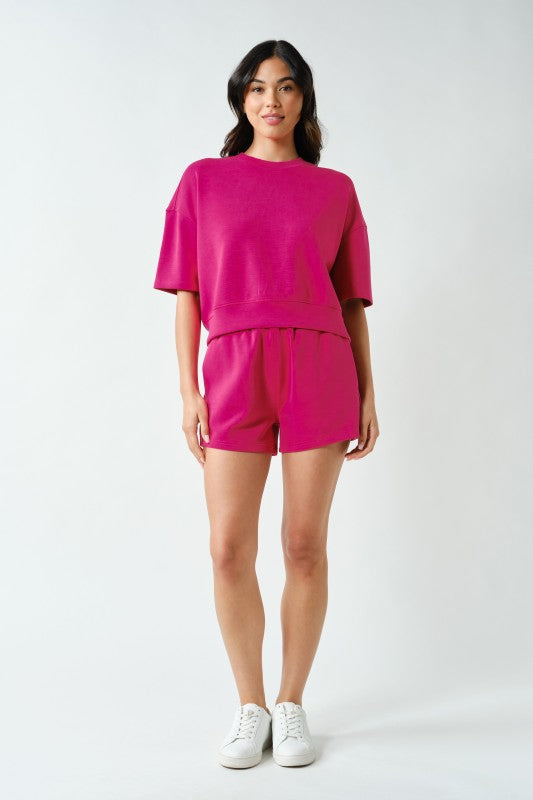 MONO B LAGUNA SCUBA SHORT SLEEVE TOP--PLUM PINK