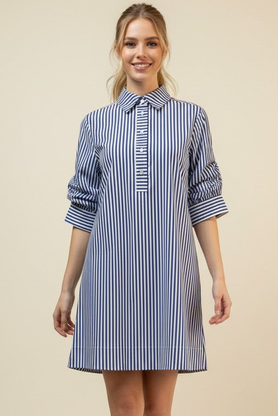 STRIPE BUTTON DOWN DRESS--BLUE