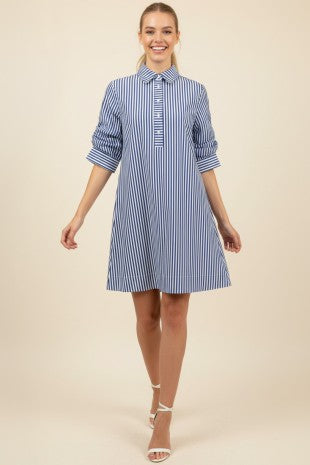 STRIPE BUTTON DOWN DRESS--BLUE