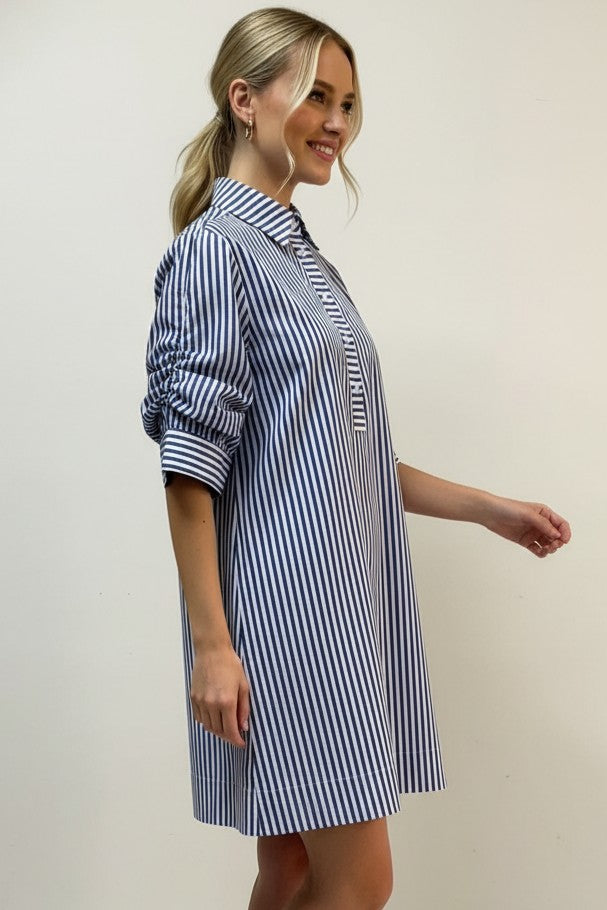 STRIPE BUTTON DOWN DRESS--BLUE
