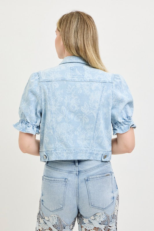 RISEN PUFF SHORT SLEEVE FLORAL JACKET--LIGHT BLUE