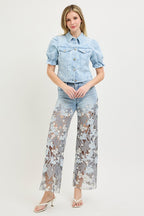 RISEN PUFF SHORT SLEEVE FLORAL JACKET--LIGHT BLUE