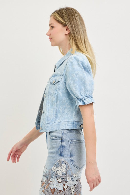 RISEN PUFF SHORT SLEEVE FLORAL JACKET--LIGHT BLUE