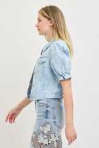 RISEN PUFF SHORT SLEEVE FLORAL JACKET--LIGHT BLUE