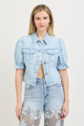 RISEN PUFF SHORT SLEEVE FLORAL JACKET--LIGHT BLUE