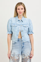 RISEN PUFF SHORT SLEEVE FLORAL JACKET--LIGHT BLUE