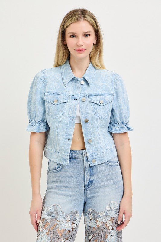 RISEN PUFF SHORT SLEEVE FLORAL JACKET--LIGHT BLUE