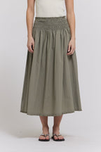 RUFFLE TRIM SMOCKED SKIRT--DRY HERB