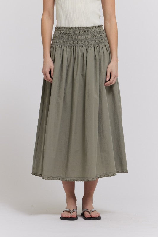 RUFFLE TRIM SMOCKED SKIRT--DRY HERB
