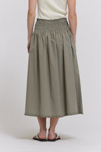 RUFFLE TRIM SMOCKED SKIRT--DRY HERB