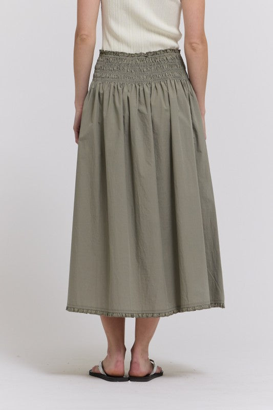 RUFFLE TRIM SMOCKED SKIRT--DRY HERB