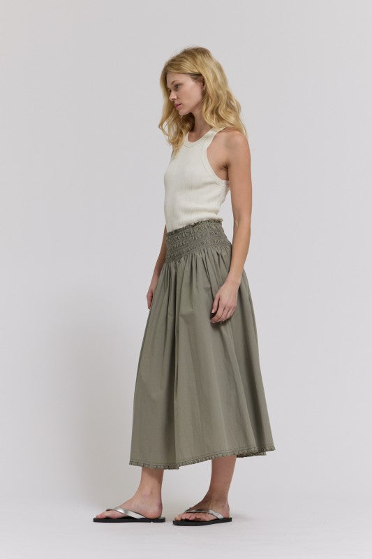 RUFFLE TRIM SMOCKED SKIRT--DRY HERB