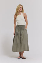 RUFFLE TRIM SMOCKED SKIRT--DRY HERB