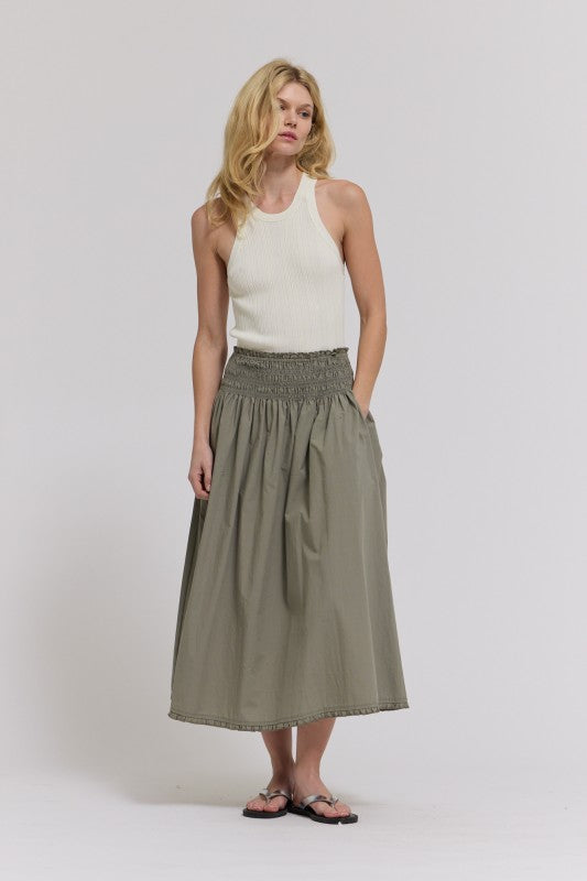 RUFFLE TRIM SMOCKED SKIRT--DRY HERB