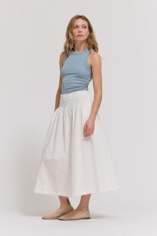 RUFFLE TRIM SMOCKED SKIRT--WHITE