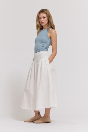 RUFFLE TRIM SMOCKED SKIRT--WHITE
