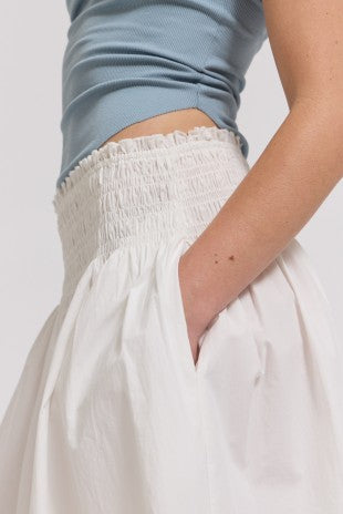 RUFFLE TRIM SMOCKED SKIRT--WHITE