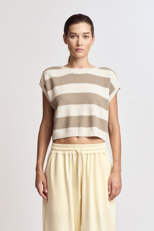 DROP SHOULDER STRIPE KNIT TOP--DRY HERB