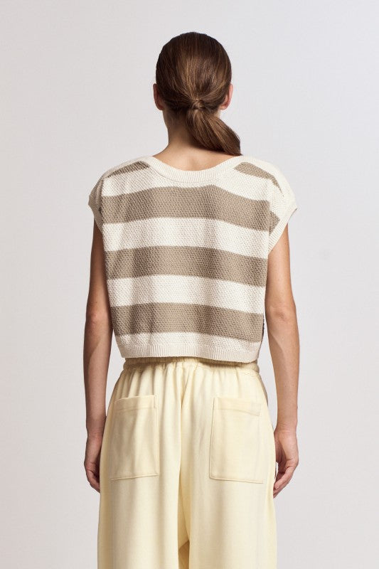DROP SHOULDER STRIPE KNIT TOP--DRY HERB