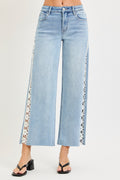 RISEN HIGH RISE CROP WIDE FLOWER LACE JEANS--LIGHT WASH