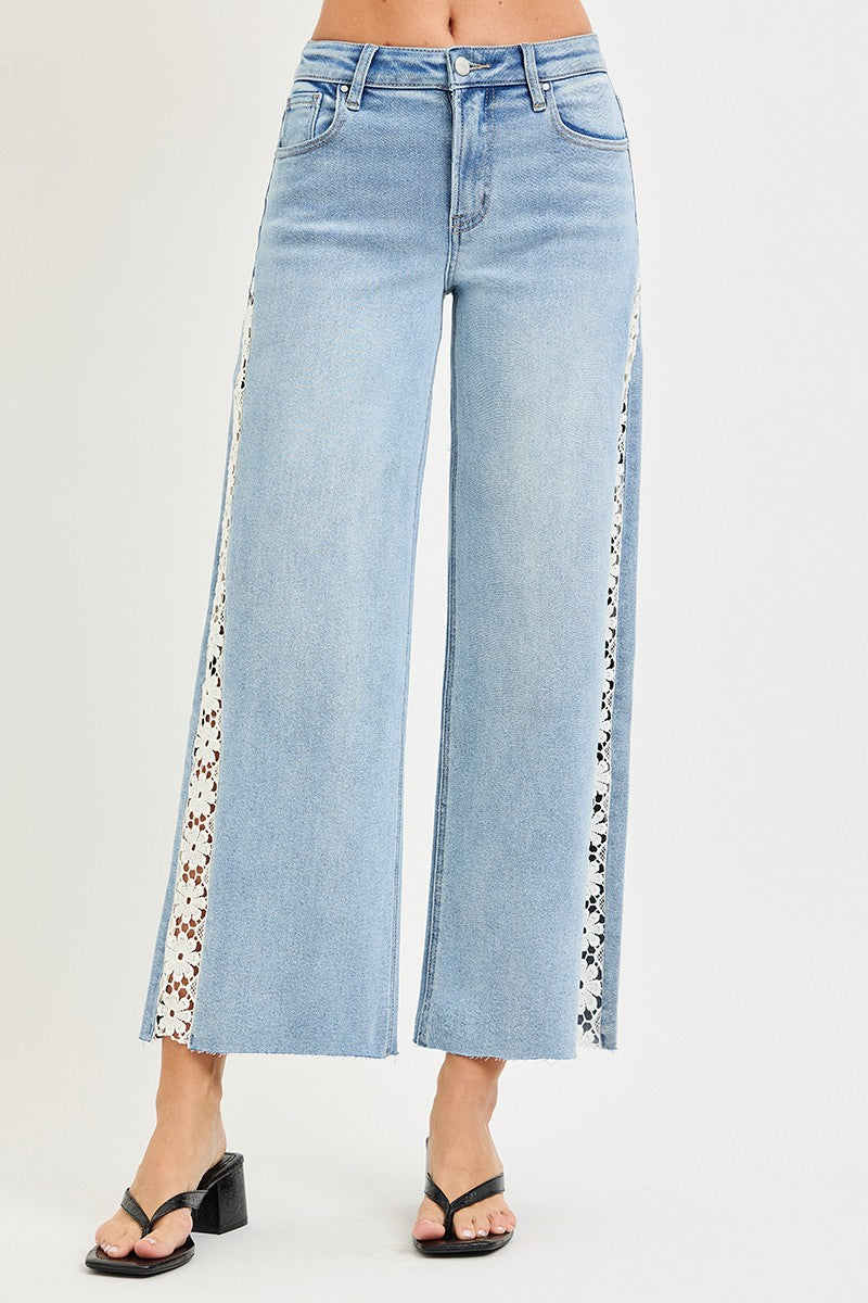 RISEN HIGH RISE CROP WIDE FLOWER LACE JEANS--LIGHT WASH