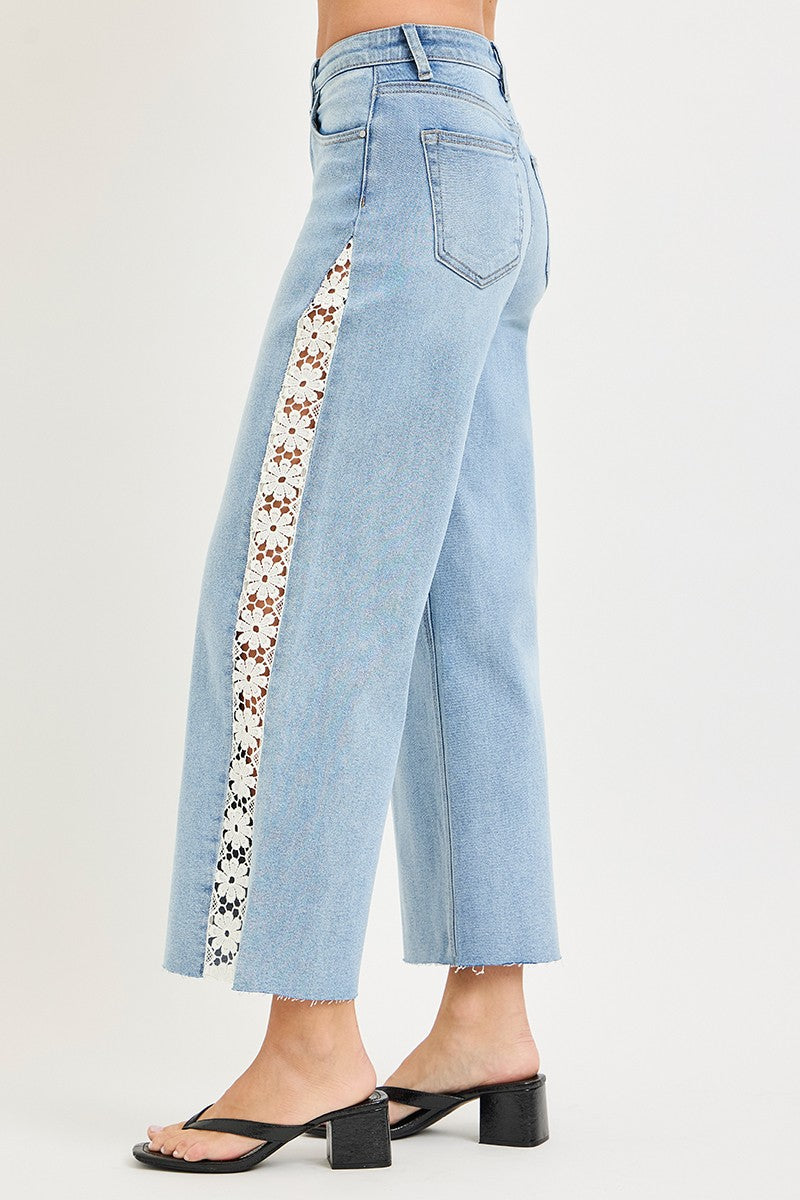 RISEN HIGH RISE CROP WIDE FLOWER LACE JEANS--LIGHT WASH