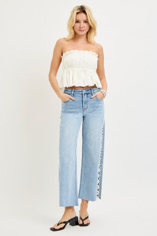 RISEN HIGH RISE CROP WIDE FLOWER LACE JEANS--LIGHT WASH