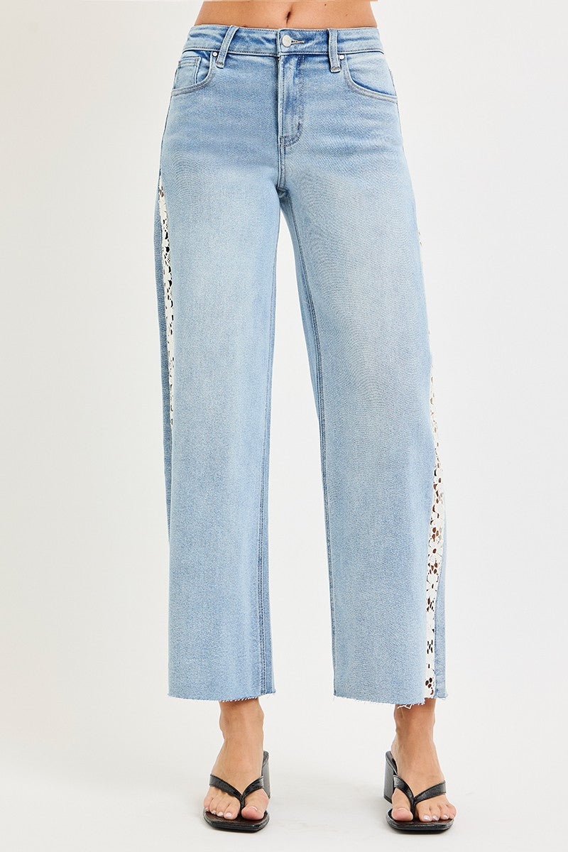 RISEN HIGH RISE CROP WIDE FLOWER LACE JEANS--LIGHT WASH