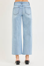 RISEN HIGH RISE CROP WIDE FLOWER LACE JEANS--LIGHT WASH