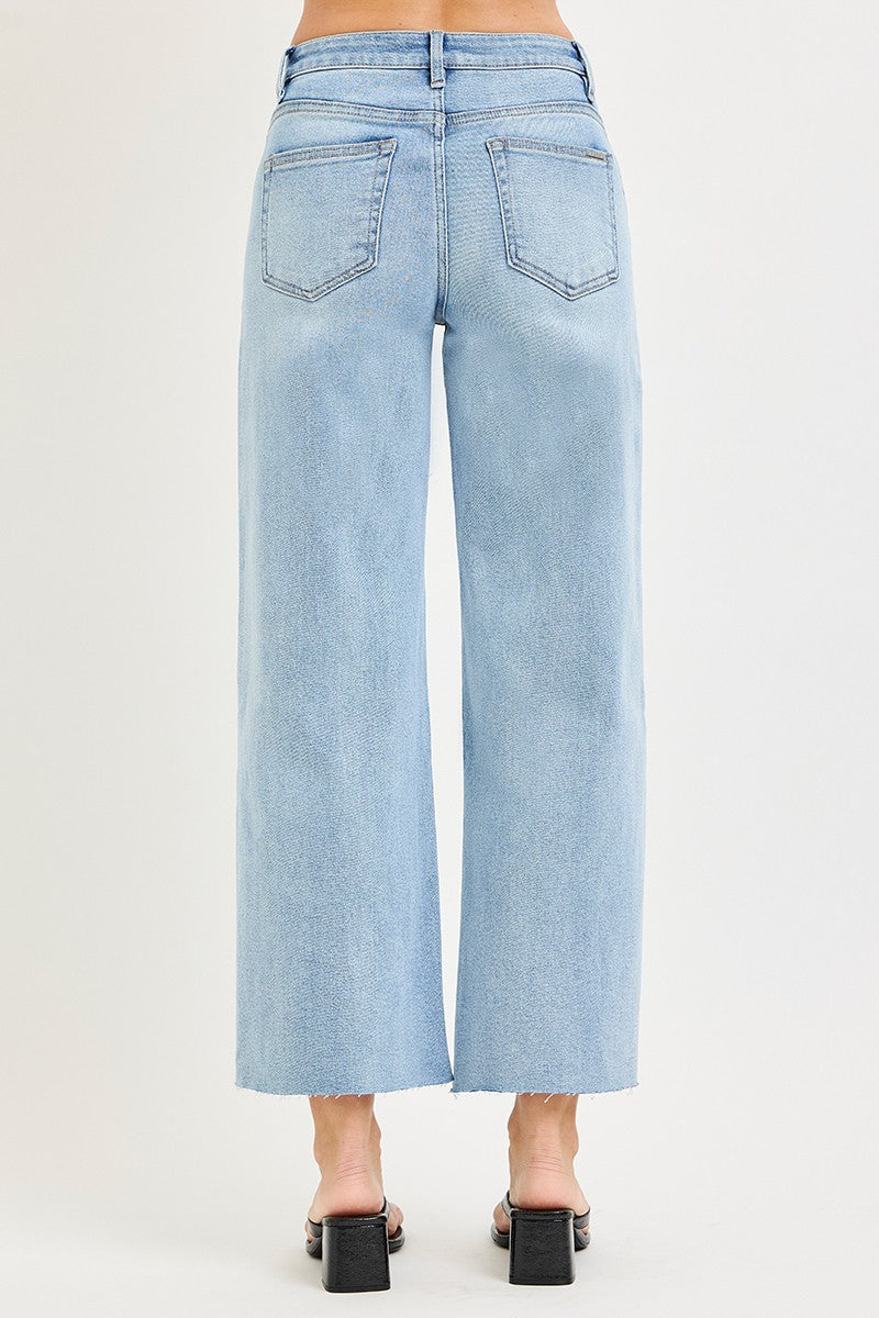 RISEN HIGH RISE CROP WIDE FLOWER LACE JEANS--LIGHT WASH