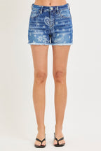 RISEN HIGH RISE PAISLEY SHORTS--MEDIUM WASH