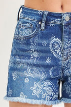 RISEN HIGH RISE PAISLEY SHORTS--MEDIUM WASH