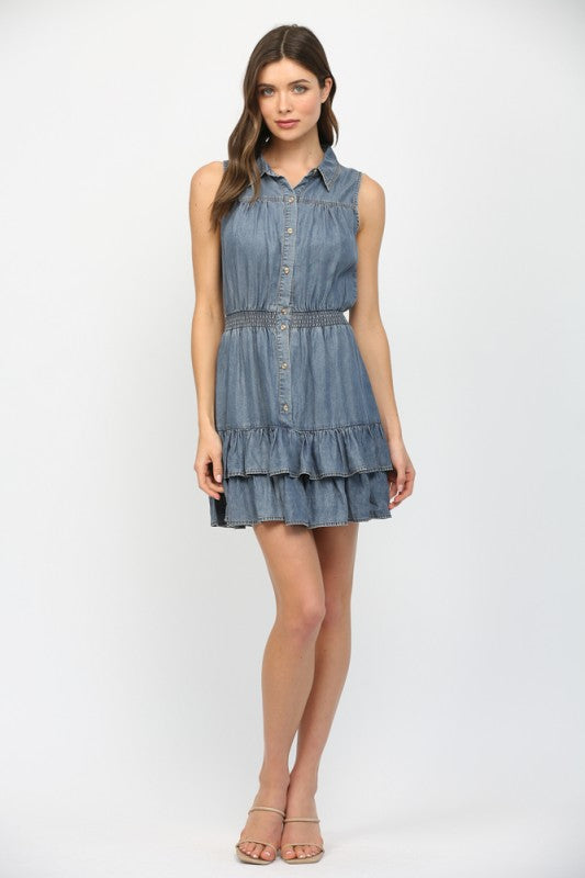 SLEEVELESS TENCEL DENIM DRESS--DENIM